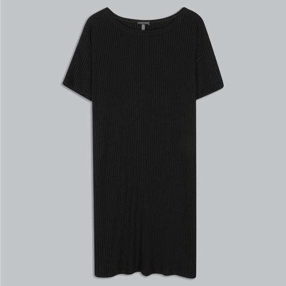Eileen Fisher Black Rib Knit Boatneck Tencel Tunic Dress Size L - Picture 1 of 5